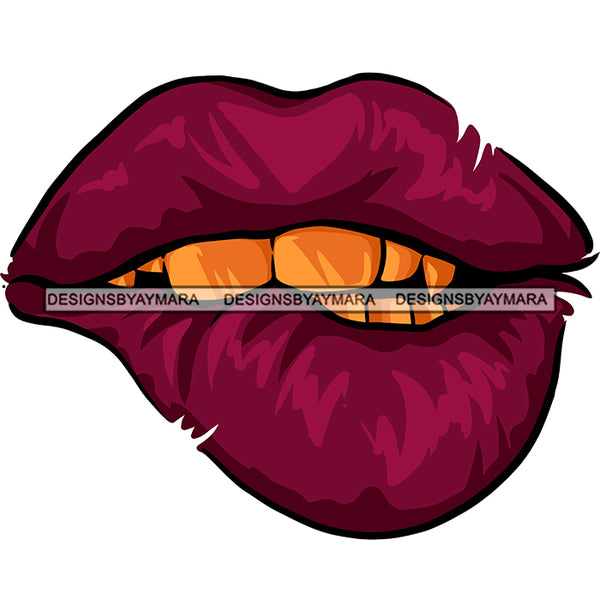 Gold Teeth Biting Distressed Lips Sexy Lips Mouth Tongue Erotic Red Lipstick Makeup Gloss Collagen Cosmetics Model Cosmetology Glamour SVG JPG PNG Vector Clipart Cricut Silhouette Cut Cutting