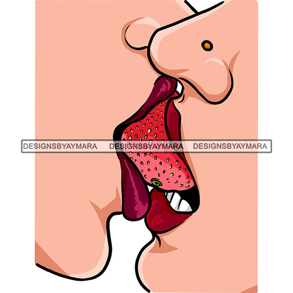 Kissing Kiss Strawberry Fruit Piercing Sexy Lips Mouth Tongue Erotic Red Lipstick Makeup Gloss Collagen Cosmetics Model Cosmetology Glamour SVG JPG PNG Vector Clipart Cricut Silhouette Cut Cutting
