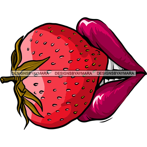 Sexy Lips Eating Juicy Strawberry Mouth Tongue Erotic Red Lipstick Makeup Gloss Collagen Cosmetics Model Cosmetology Glamour SVG JPG PNG Vector Clipart Cricut Silhouette Cut Cutting