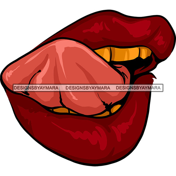 Gold Teeth Sexy Lips Mouth Tongue Out Erotic Red Lipstick Makeup Gloss Collagen Cosmetics Model Cosmetology Glamour SVG JPG PNG Vector Clipart Cricut Silhouette Cut Cutting