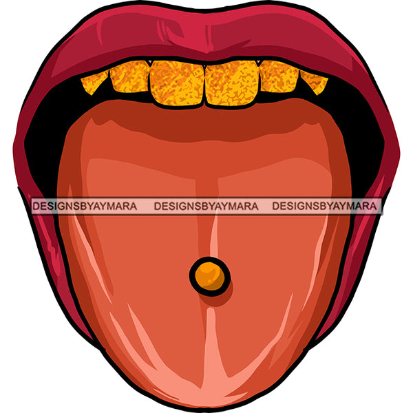 Sexy Lips Mouth Gold Teeth Piercing Tongue Erotic Red Lipstick Makeup Gloss Collagen Cosmetics Model Cosmetology Glamour SVG JPG PNG Vector Clipart Cricut Silhouette Cut Cutting