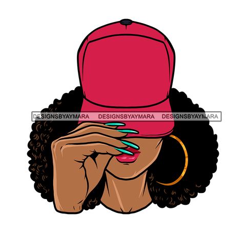 Gangster African American Woman Hand Holding Cap Red Color Curly Hairstyle Hoop Earing Design Element Long Nail Vector White Background SVG JPG PNG Vector Clipart Cricut Silhouette Cut Cutting