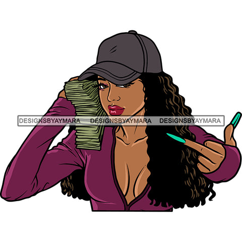 African American Gangster Woman Hand Holding Lot Of Money Bundle Wearing Cap Curly Hairstyle Afro Woman Long Nail Wearing Sexy Dress White Background SVG JPG PNG Vector Clipart Silhouette Cut Cutting