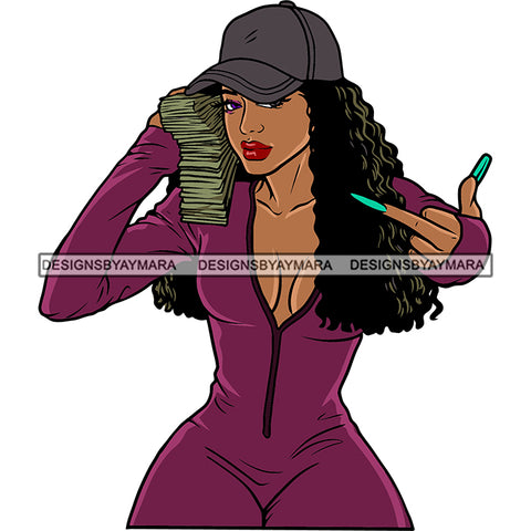 Afro Woman Sexy Pose African American Gangster Woman Hand Holding Lot Of Money Bundle Wearing Cap Curly Hairstyle Afro Woman Long Nail Wearing Sexy Dress White Background SVG JPG PNG Vector Clipart Silhouette Cut Cutting