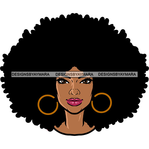 African American Woman Puffy Hairstyle Wearing Hoop Earing Smile Face White Background Design Element Red Lips SVG JPG PNG Vector Clipart Cricut Silhouette Cut Cutting