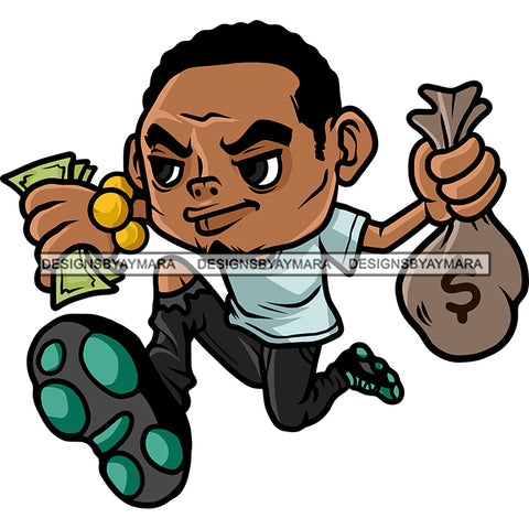 Gangster African American Man Hand Holding Money Bag And Money Note Design Element White Background Curly Hairstyle SVG JPG PNG Vector Clipart Cricut Silhouette Cut Cutting