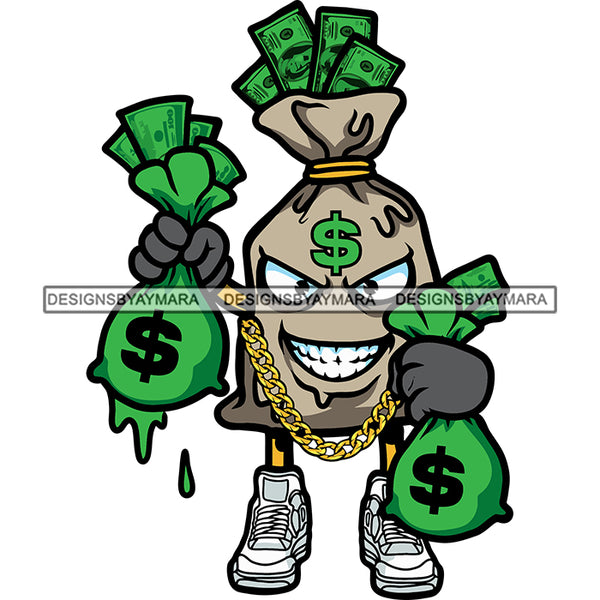 Money Bag Cartoon Character Hand Holding Double Money Bag And Smile Face Wearing Gold Chain Dollar Sign On Head SVG JPG PNG Vector Clipart Cricut Silhouette Cut Cutting