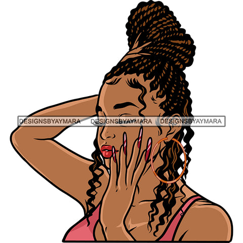 Afro Model Girls Wearing Hoop Earing Vector Curly Hairstyle Design Element Long Nail White Background African American Sexy Woman SVG JPG PNG Vector Clipart Cricut Silhouette Cut Cutting