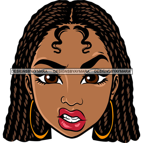 Angry Face Gangster African American Girls Head Design Element Wearing Hoop Earing White Teeth Curly Hairstyle Vector SVG JPG PNG Vector Clipart Cricut Silhouette Cut Cutting