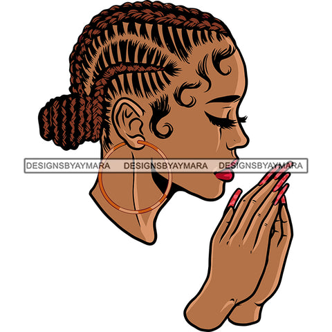 Afro Woman Hard Praying Hand Close Eyes Wearing Hoop Earing Vector Locus Short Hairstyle Design Element Long Nail Vector White Background SVG JPG PNG Vector Clipart Cricut Silhouette Cut Cutting