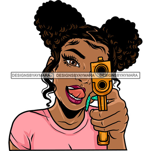 Gangster African American Girls Hand Holding Gun Smile Face Design Element Curly Hairstyle SVG JPG PNG Vector Clipart Cricut Silhouette Cut Cutting