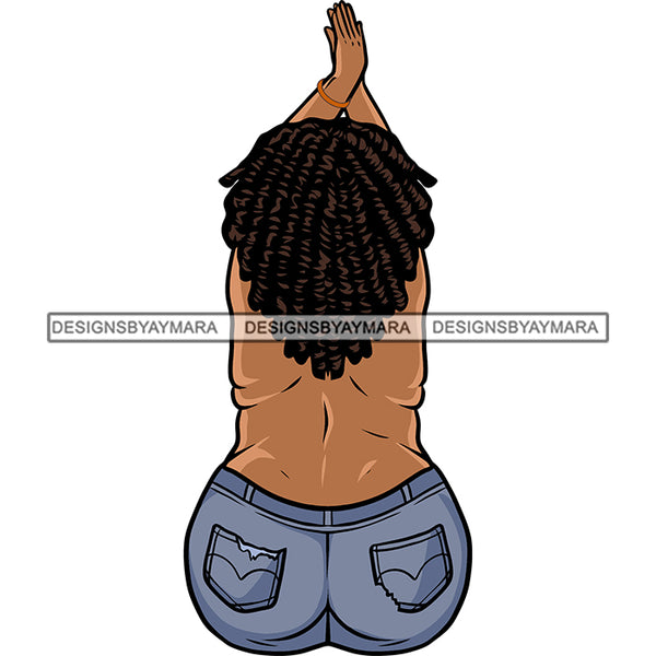 Plus Size African American Woman Sitting On Back Side Curly Hairstyle Hand Up White Background Design Element SVG JPG PNG Vector Clipart Cricut Silhouette Cut Cutting