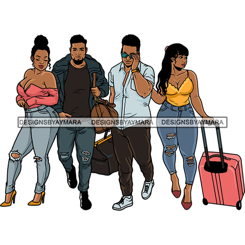 African American Couple Squad Traveling Time Handsome Boy And Sexy Girls Standing Holding Trolley Bag SVG JPG PNG Vector Clipart Cricut Silhouette Cut Cutting