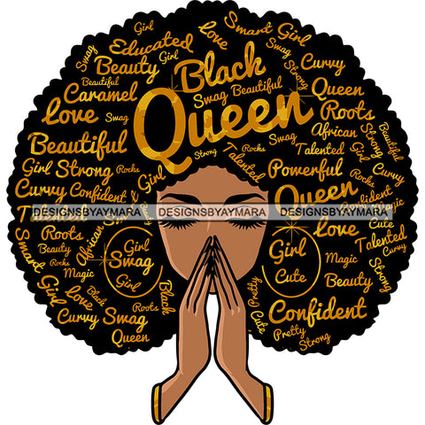 Black Queen Quote Hard Praying Hand African American Woman Wearing Hoop Earing Vector Design Element Afro Girl Cute Face SVG JPG PNG Vector Clipart Cricut Silhouette Cut Cutting