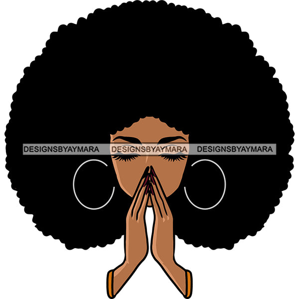 Hard Praying Hand African American Woman Wearing Hoop Earing Puffy Hairstyle White Background Vector Design Element Afro Girl Cute Face SVG JPG PNG Vector Clipart Cricut Silhouette Cut Cutting
