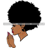 African American Woman Hard Praying Hand Wearing Hoop Earing Long Nail Vector Design Element White Background Afro Girls Side Face SVG JPG PNG Vector Clipart Cricut Silhouette Cut Cutting