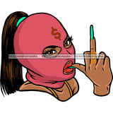 Gangster African American Woman Wearing Ski Mask Showing Middle Finger Dollar Sign On Hat Long Hairstyle SVG JPG PNG Vector Clipart Cricut Silhouette Cut Cutting