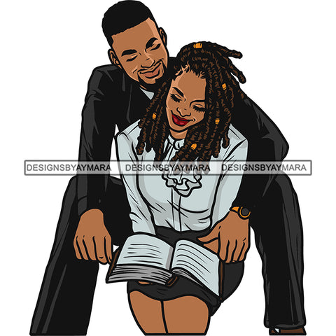 African American Cute Couple Reading Book And Sitting Pose Smile Face Design Element Vector White Background Close Eyes SVG JPG PNG Vector Clipart Cricut Silhouette Cut Cutting