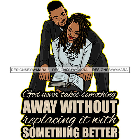 God Never Takes Something Away Without Replacing It With Something Better Quote African American Cute Couple Reading Book And Sitting Pose Smile Face Design Element Vector Close Eyes SVG JPG PNG Vector Clipart Silhouette Cut Cutting