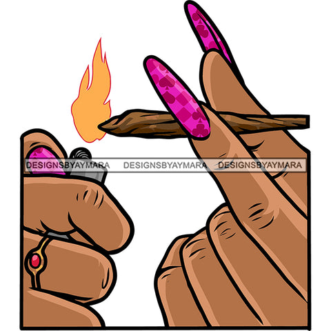 African American Woman Hand Holding Marijuana Weed Vector Gas Lighter Burn On Roll Design Element Long Nail SVG JPG PNG Vector Clipart Cricut Silhouette Cut Cutting