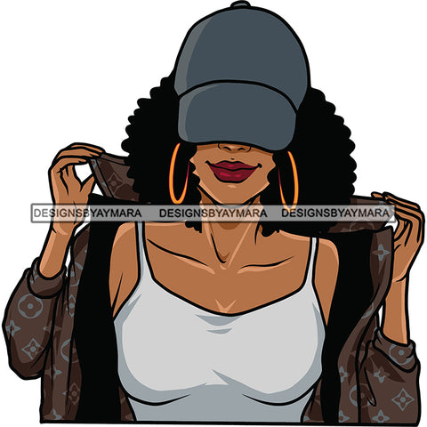 Gangster African American Woman Hand Holding T-Shirt Wearing Hoop Earing And Cap Sexy Woman Curly Hairstyle Smile Face Design Element White Background SVG JPG PNG Vector Clipart Cricut Silhouette Cut Cutting