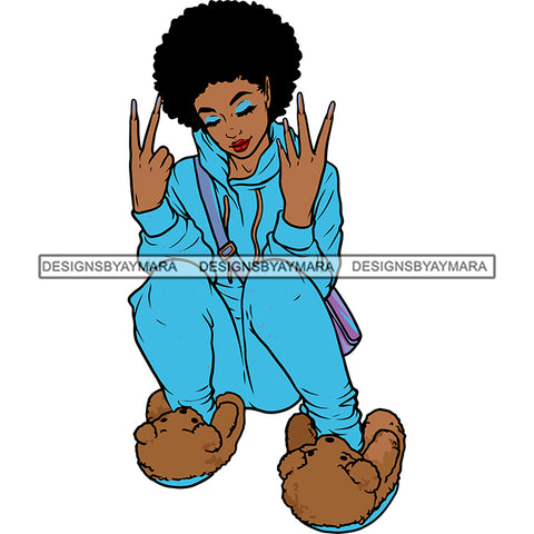 Gangster African American Woman Sitting Pose Peach Hand Sign Design Element Close Eyes Puffy Hairstyle White Background SVG JPG PNG Vector Clipart Cricut Silhouette Cut Cutting