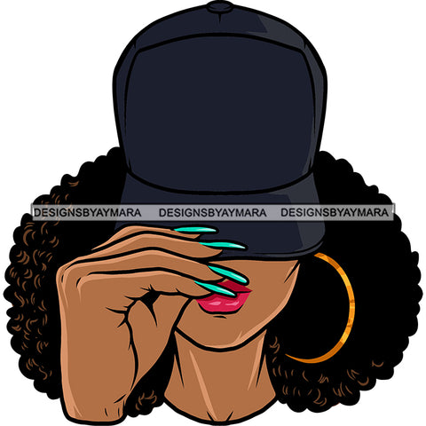 Woman Hand Holding Cap Wearing Hoop Earing Curly Hairstyle Design Element Long Nail Vector White Background SVG JPG PNG Vector Clipart Cricut Silhouette Cut Cutting