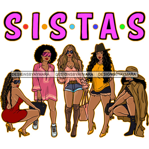 Sister Quote African American Sexy Woman Standing And Sitting Pose Girls Squad Sexy Pose Vector Design Element Long And Curly Hairstyle White Background SVG JPG PNG Vector Clipart Cricut Silhouette Cut Cutting