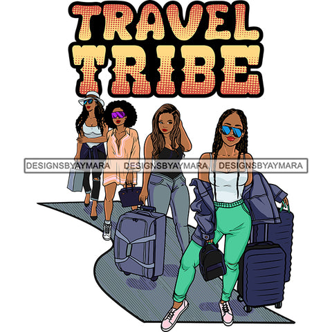 Travel Tribe Quote African American Woman Standing And Sitting Trolley Bag Peach Hand Sign Design Element White Background Long Hairstyle Girls Squad SVG JPG PNG Vector Clipart Cricut Silhouette Cut Cutting