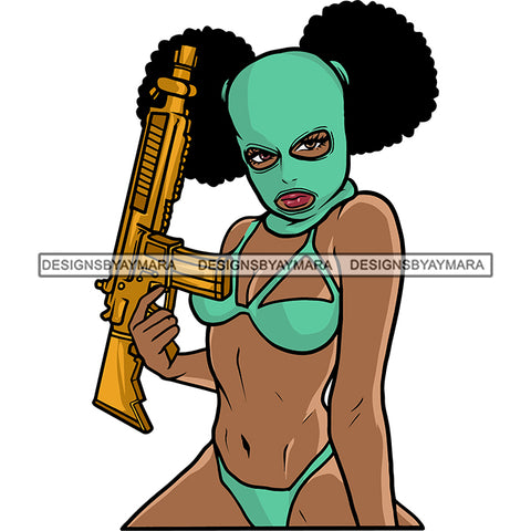 African American Sexy Woman Hand Holding Gun Girls Wearing Ski Mask And Bikini Hide Face Puffy Hairstyle Design Element Color Artwork Vector White Background SVG JPG PNG Vector Clipart Cricut Silhouette Cut Cutting