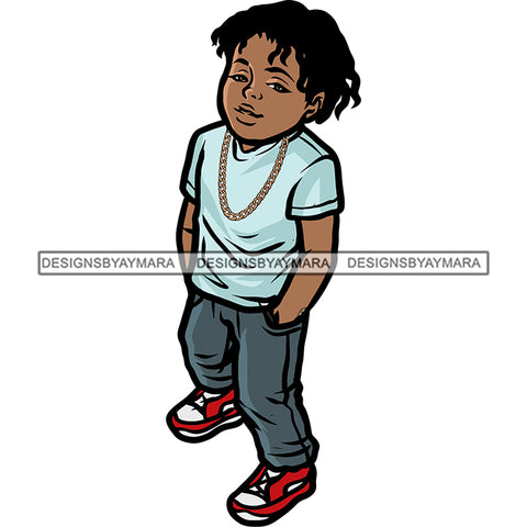 African American Boy Standing Curly Hairstyle Design Element Wearing Gold Chain White Background Smile Face SVG JPG PNG Vector Clipart Cricut Silhouette Cut Cutting