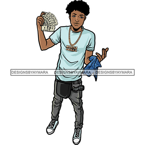 Gangster African American Man Showing Money Note Curly Hairstyle Gold Chain Smile Face Boys White Background Design Element SVG JPG PNG Vector Clipart Cricut Silhouette Cut Cutting
