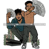 African American Brother Boys Hand Holding Money Note Lot Of Money Bundle On Floor White Background Smile Face Boys Design Element Afro Boy Standing SVG JPG PNG Vector Clipart Cricut Silhouette Cut Cutting