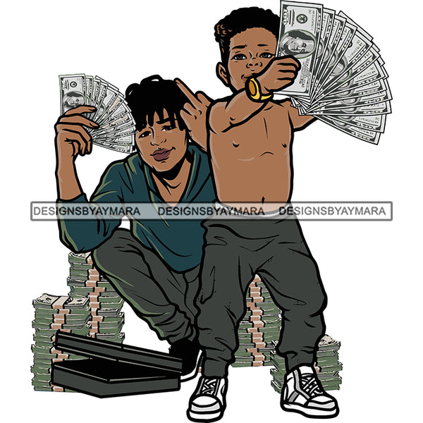 African American Brother Boys Hand Holding Money Note Lot Of Money Bundle On Floor White Background Smile Face Boys Design Element Afro Boy Standing SVG JPG PNG Vector Clipart Cricut Silhouette Cut Cutting