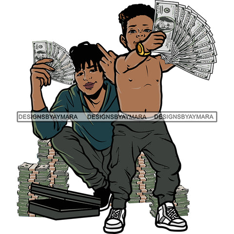 African American Brother Boys Hand Holding Money Note Lot Of Money Bundle On Floor White Background Smile Face Boys Design Element Afro Boy Standing SVG JPG PNG Vector Clipart Cricut Silhouette Cut Cutting