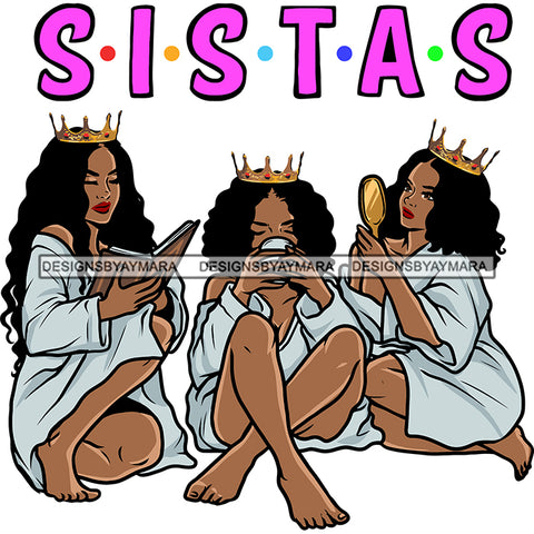 Sister Quote African American Woman Sitting Pose Use Book And Coffee Mug Crown On Head Design Element Curly Long Hairstyle White Background SVG JPG PNG Vector Clipart Cricut Silhouette Cut Cutting