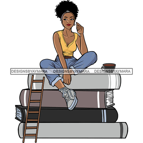 African American Woman Sitting On Book Stairs Hand Holding Mug Side On Mug Curly Hairstyle White Background SVG JPG PNG Vector Clipart Cricut Silhouette Cut Cutting