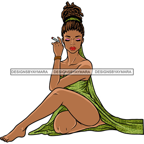 Sexy African American Gangster Woman Sitting On Floor Hand Holding Cigarette Locus Hairstyle Afro Woman Close Eyes Design Element Wearing Sexy Dress White Background SVG JPG PNG Vector Clipart Cricut Silhouette Cut Cutting