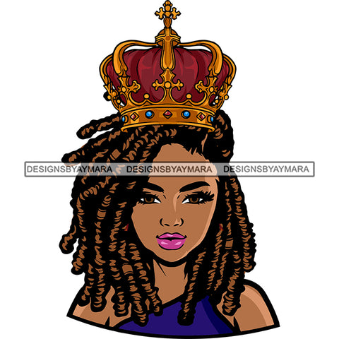 African American Queen Girls Face Design Element Crown On Head Locus Hairstyle White Background Afro Girls Cute Face SVG JPG PNG Vector Clipart Cricut Silhouette Cut Cutting
