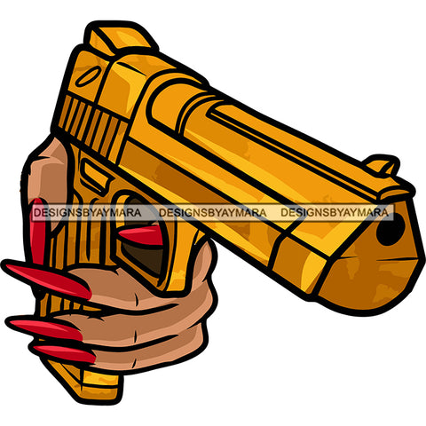 Gangster African American Woman Hand Holding Gun Vector Golden Color Design Element Afro Woman Long Nail White Background SVG JPG PNG Vector Clipart Cricut Silhouette Cut Cutting