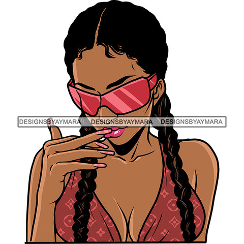 Gangster African American Woman Wearing Sunglasses Long Hairstyle Afro Woman Bite On Her Teeth SVG JPG PNG Vector Clipart Cricut Silhouette Cut Cutting