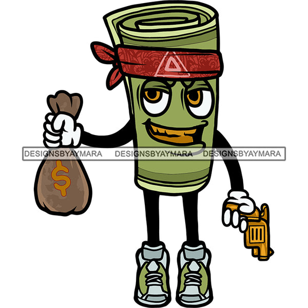 Funny Money Roll Cartoon Character Hand Holding Gun And Money Bag Cartoon Smile Face Golden Teeth White Background SVG JPG PNG Vector Clipart Cricut Silhouette Cut Cutting