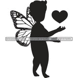 Little Baby Boy Fairy Fantasy Angel Kid Child Catching Big Heart Walking Butterfly Wings Black And White SVG JPG PNG Vector Clipart Cricut Silhouette Cut Cutting