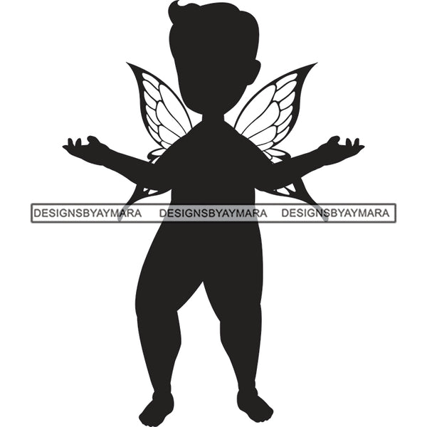 Little Baby Boy Fairy Fantasy Angel Kid Child Waving Open Hands Hand Standing Butterfly Wings Black And White SVG JPG PNG Vector Clipart Cricut Silhouette Cut Cutting
