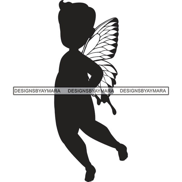 Little Baby Boy Fairy Fantasy Angel Kid Child Hand Hands Behind Back Flying Standing Butterfly Wings Black And White SVG JPG PNG Vector Clipart Cricut Silhouette Cut Cutting