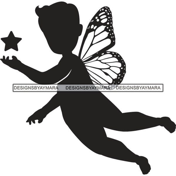 Little Baby Boy Fairy Fantasy Angel Kid Child Chasing Catching Star Hand Hands Flying Butterfly Wings Children Black And White SVG JPG PNG Vector Clipart Cricut Silhouette Cut Cutting