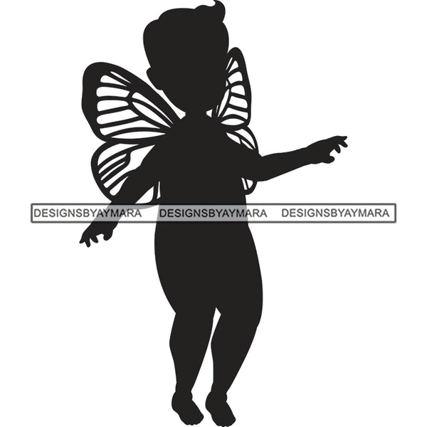 Little Baby Boy Fairy Fantasy Angel Kid Child Waving Hand Hands Standing Dancing Butterfly Wings Children Black And White SVG JPG PNG Vector Clipart Cricut Silhouette Cut Cutting