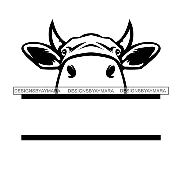 Peek A Boo Peeking Cow Animal Milk Dairy Farm Countryside Lifestyle Banner Logo B/W SVG JPG PNG Vector Clipart Cricut Silhouette Cut Cutting