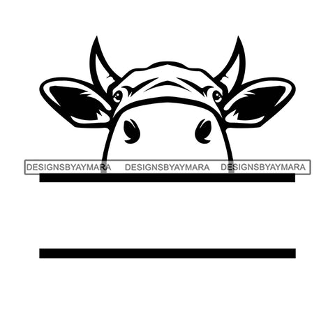Peek A Boo Peeking Cow Animal Milk Dairy Farm Countryside Lifestyle Banner Logo B/W SVG JPG PNG Vector Clipart Cricut Silhouette Cut Cutting