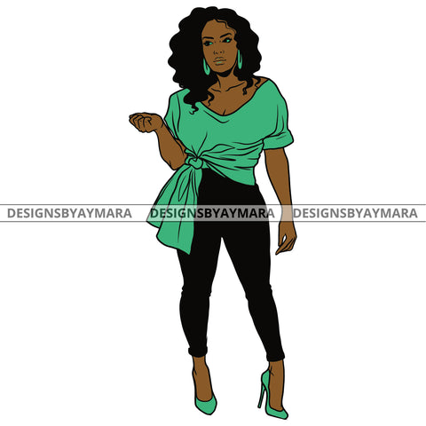 Afro Urban Fashionista Goddess Heels Attractive Black Woman Hoop Earrings Sexy Curly Long Hair Style  SVG Cutting Files For Silhouette Cricut